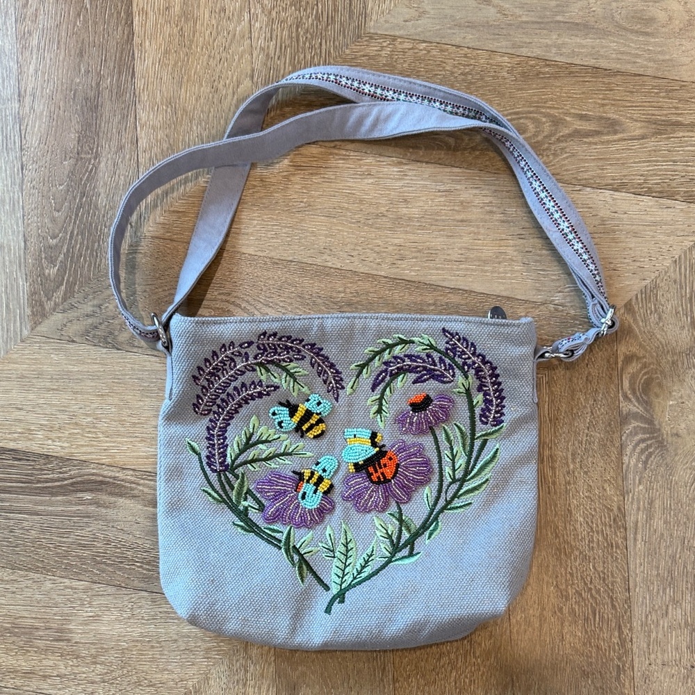Taupe Floral & Bee Embroidered Crossbody Bag